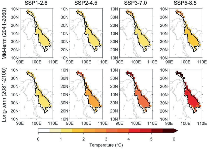4 pairs of spatial distributions of the Mekong River basin with a color scale representing the temperature are titled S S P 1 - 2.6, S S P 2 - 4.5, S S P 3 - 7.0, and S S P 5 - 8.5. The upper row of the distribution is labeled mid-term 2041 to 2060. The lower row is labeled long-term 2081 to 2100.
