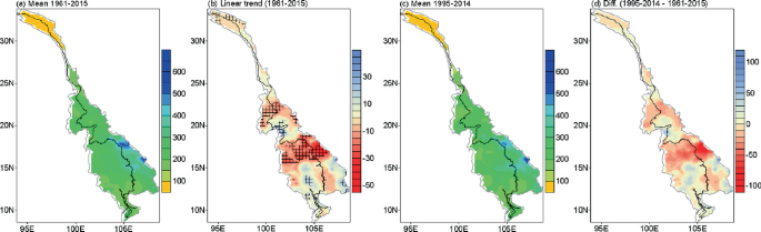 4 spatial distributions of the Mekong River basin with their respective color scales representing temperature variations are titled as follows. a. Mean 1961 to 2015. b. Linear trend 1961 to 2015. c. Mean 1995 to 2014. d. The difference between 1995 to 2014 and 1961 to 2015.