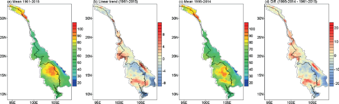 4 spatial distributions of the Mekong River basin with their respective color scales representing temperature variations are titled as follows. A. Mean 1961 to 2015. b. Linear trend 1961 to 2015. c. Mean 1995 to 2014. d. The difference between 1995 to 2014 and 1961 to 2015.