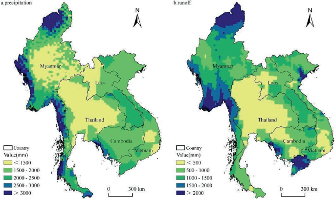 A set of 2 maps of the study area. Map on the left illustrates precipitation distribution. Thailand and Myanmar receive less than 1500 m m, Cambodia and Vietnam receive 1500-2000 m m, and parts of Myanmar receive more than 3000 m m. Right, map illustrates runoff level, which is least for Thailand.