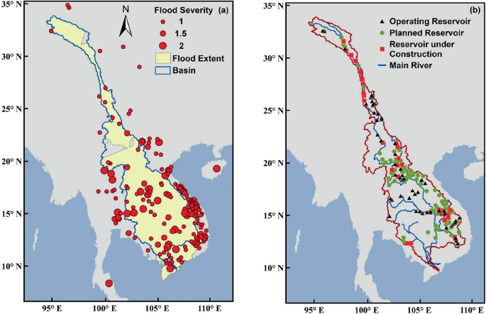 Two maps of the Lower Mekong River Basin. A depicts flood extent and severity from 1985 to 2019. B highlights operating, planned, and under-construction reservoirs and the main river.