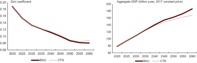 2 line graphs. Left. It plots the declining Gini coefficients for B A U and C T N from 2020 to 2060. Right. It plots the increasing aggregate G D P for B A U and C T N from 2020 to 2060.