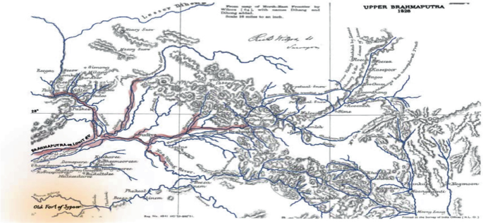 A map of the upper Brahmaputra river with the surrounding river basins from the year 1828.