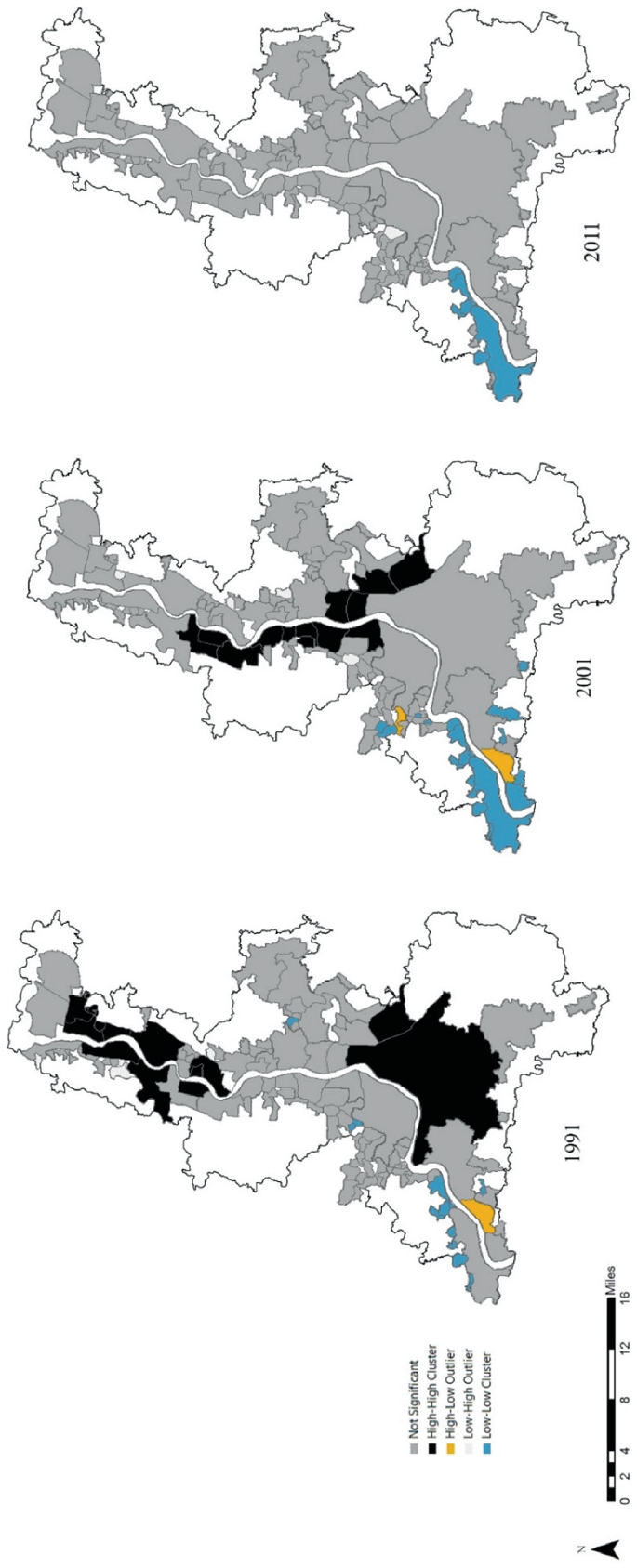 3 maps of Kolkata Urban Agglomeration present the distribution of results for L I S A for the years 1991, 2001, and, 2011. A high-to-high cluster is observed at the core and in the outer periphery in 1991 and in the inner periphery in 2001. No high-to-high cluster is observed in 2011.
