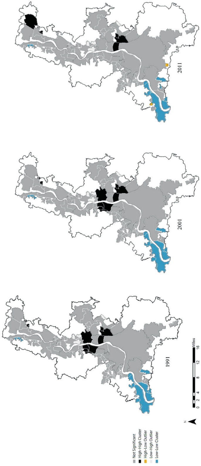 3 maps of Kolkata Urban Agglomeration present the distribution of results for L I S A for the years 1991, 2001, and, 2011. In 1991 and 2001, a high-to-high cluster is observed at the core which shrinks in 2011 with an appearance of the high-to-high cluster in the outer periphery in the north.