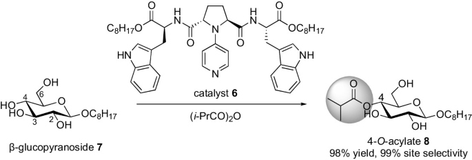 A reaction presents the conversion of beta glucopyranoside to 4 O acylate 8 through i P r C O whole twice O and catalyst 6.