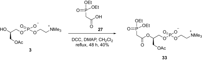 A chemical reaction has a reactant compound labeled 3 yielding a compound labeled 33 in the presence of a compound labeled 27 and catalysts D C C, D M A P, and C H 2 C l 2.
