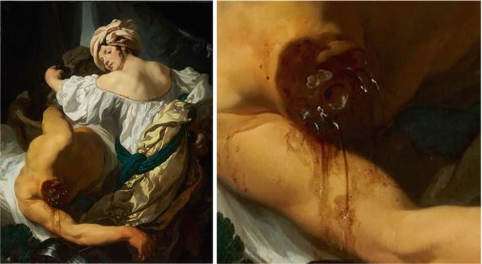 2 paintings. On the left is the image of a woman resting her head on the body of a headless man. On the right is the image of the man with no head.
