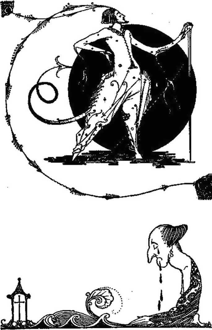 2 sketches. On top is a man standing upright with a stick held in one hand and a long braid of hair circling him. The bottom sketch depicts a woman sitting on the ground and crying. Waves are represented before him.