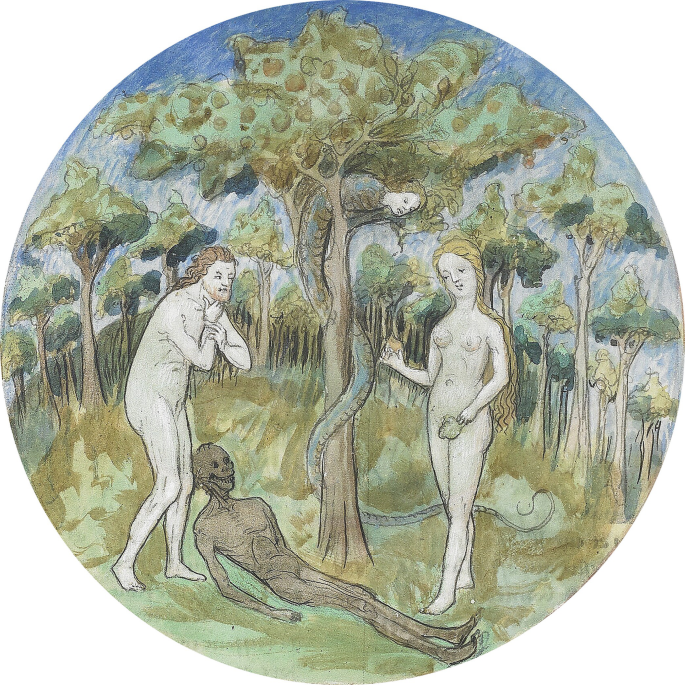 A sketch depicts a naked man and woman standing opposite each other in a forest. There is a cadaver lying on the ground. A tree is highlighted in the center with a snake wound around it, which has a human face.