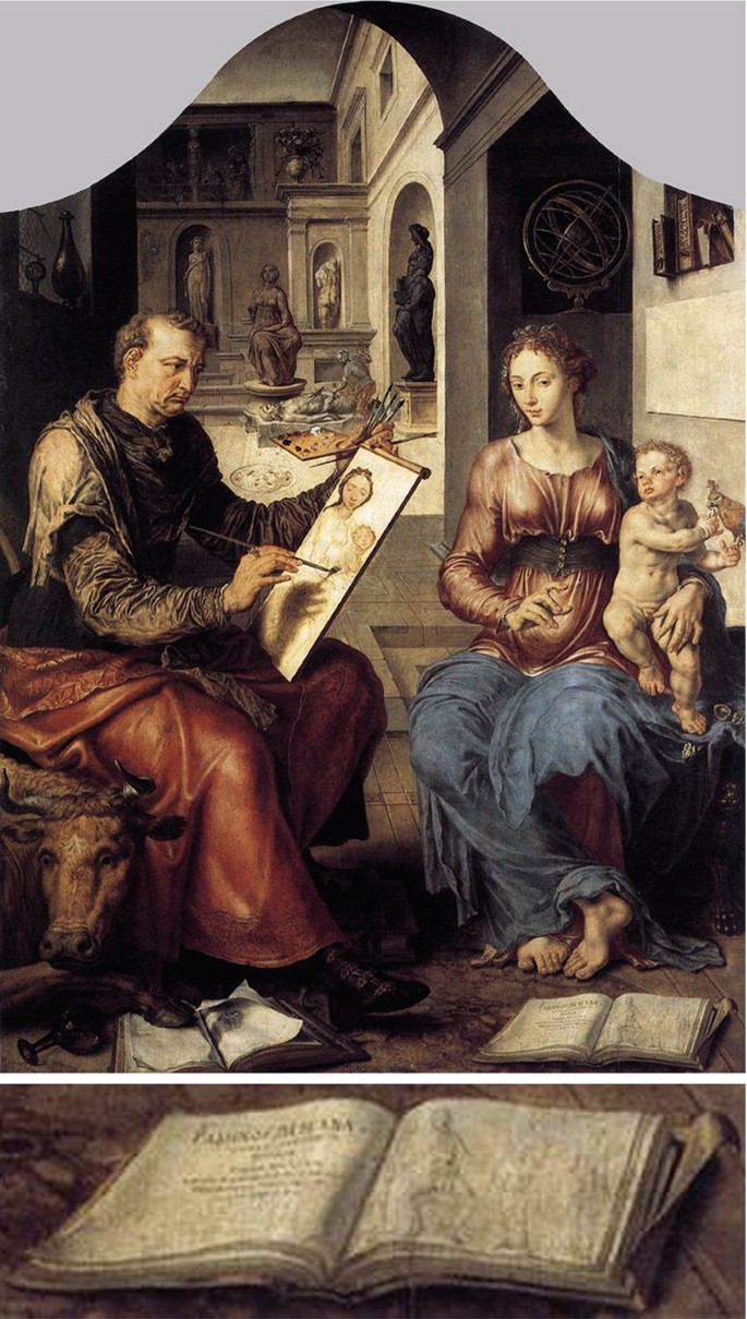 A painting depicts a man painting a woman holding a child in her lap. The sketch below depicts the enlarged image of the book kept open on the ground from the sketch above.