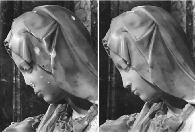 2 statues of the Virgin Mary. The statue on the left is deteriorating. The right image depicts the reconstructed statue.