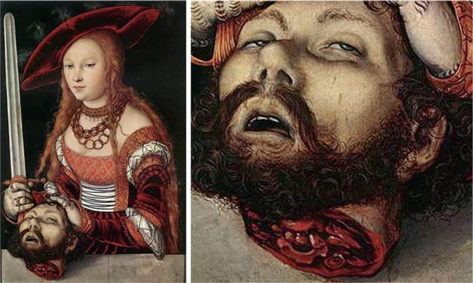 2 paintings. On the left is a red-haired woman holding a man's cut-off head in her hand and a sword in the other. On the right is the zoomed in face of the head of the man.