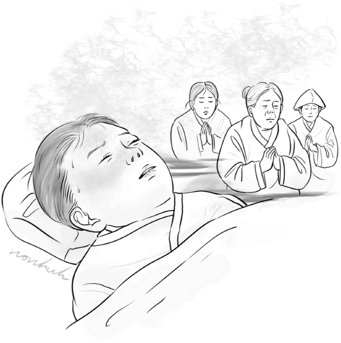 A sketch of a bedridden child in the foreground and some adults with folded hands, praying in the background.