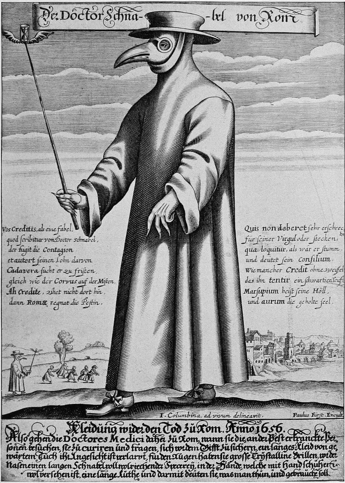 A sketch of a giant man in a cloak from shoulder to toe, a hat on the head, and a mask on the face that has an eagle-like beak. He wields a wand that has a pair of wings and a sand clock on its apex.