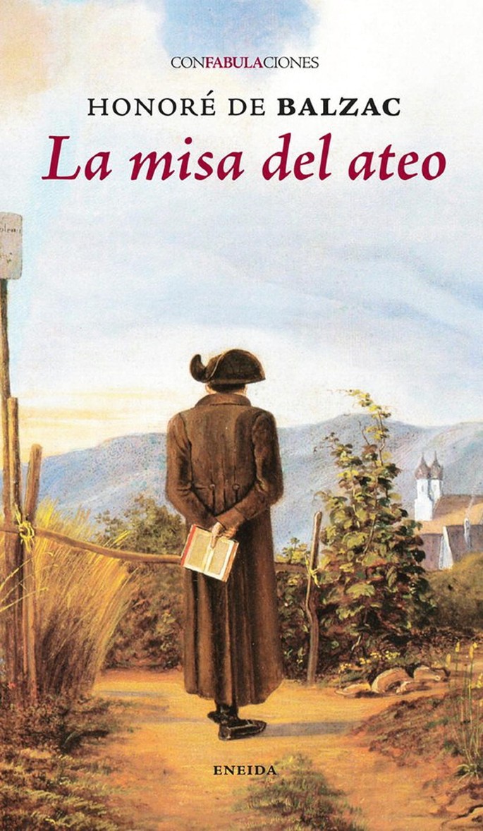A cover page of a book titled the atheist's mass and other stories by La misa del ateo. The page features a man standing in a pastoral landscape with his back to the viewer, an open book in his hands, locked behind his back.