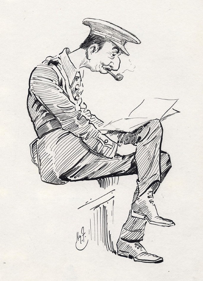 A pencil sketch of a man reading a piece of paper on top of his knee while he is sitting with one leg crossed over the other. The man is wearing a brimmed hat and is smoking a pipe. He places both of his hands between his knees.