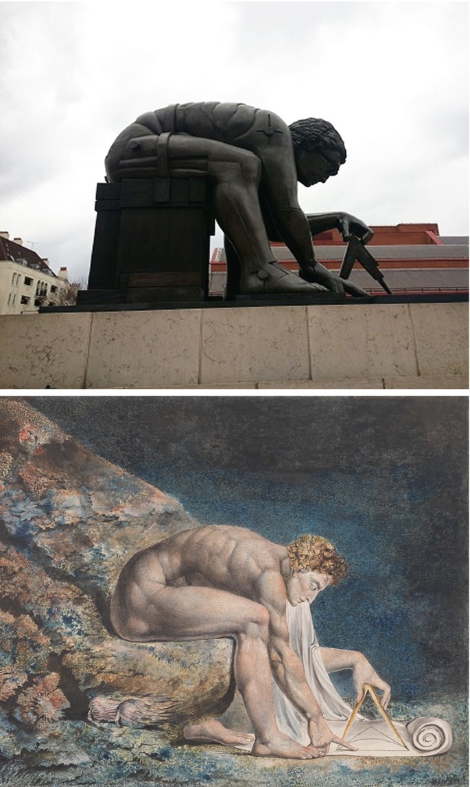 The right profile of a statue and a painting of a man hunched forward using a divider on a scroll placed on the ground while being seated on a stone. The divider is positioned on top of a geometric symbol on the scroll.