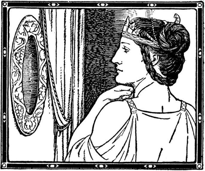 A sketch of a woman looking into an oval mirror hung on the wall to the left. The woman is wearing headgear and rests her chin on her left hand. She is wearing a garment that exposes their shoulder, and her hair is styled up to reveal the nape of their neck.