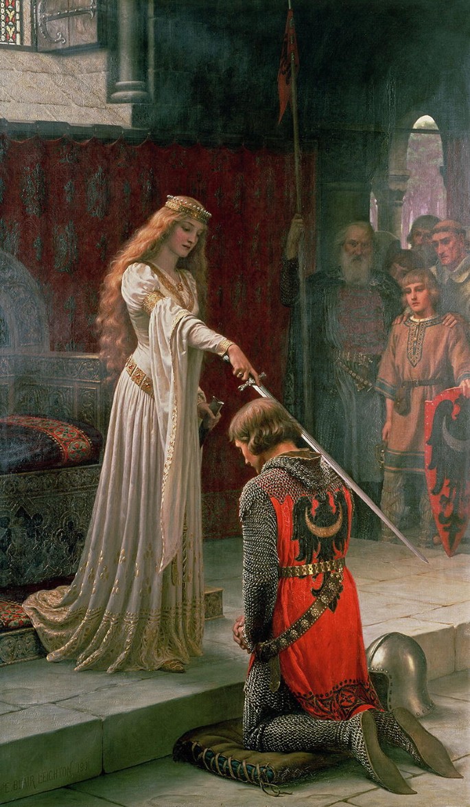 A painting of a medieval knighting ceremony in a castle. A woman in a long gown holds a sword on the right shoulder of a knight kneeling in front of her. The knight kneels on a cushion, head bowed, with his helmet on the ground beside him. Many people stand on the right and look at the knight.