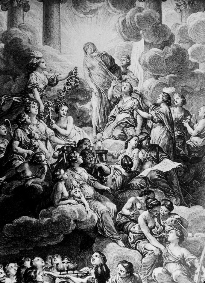 A painting of the veiled but naked person stands above a crowd and between clouds, emitting light. A person on the left holds a flower garland. 3 people stand on the right side. The first person lifts the veil, the second kneels and looks at the sky, and the third pulls the veil from below.