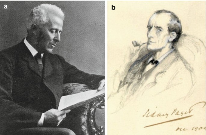 A portrait of a man wearing a suit and sitting on a chair is titled a. The man reads a piece of paper in his hand. A pencil sketch of a man looking at the artist and a signature on the bottom right is titled b. The man's right-hand holds a smoking pipe in his mouth.