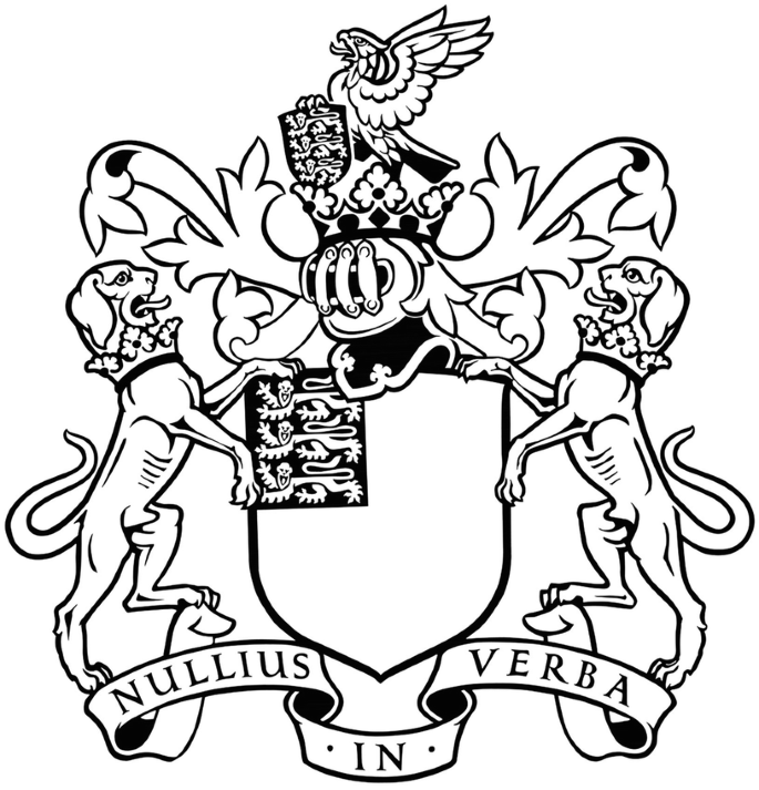 A logo of the royal society. Nullius in Verba is written below the logo.