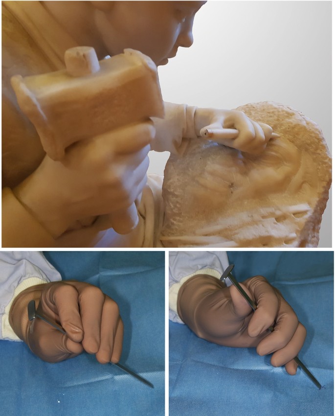 Three photographs. a. A young boy with a chisel and making a statue. b and c. Supporting hand positions to hold a chisel.