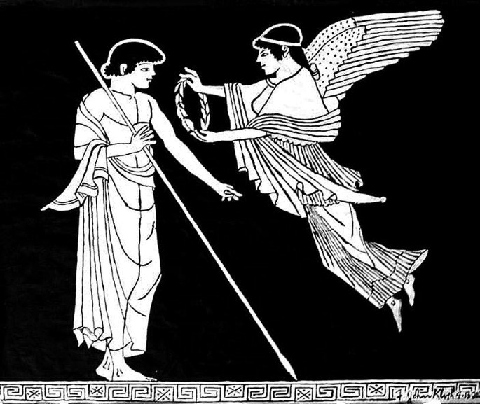 An artwork from ancient Greek athletics. A man stands, and a woman with feathers holds a circular thing towards him.