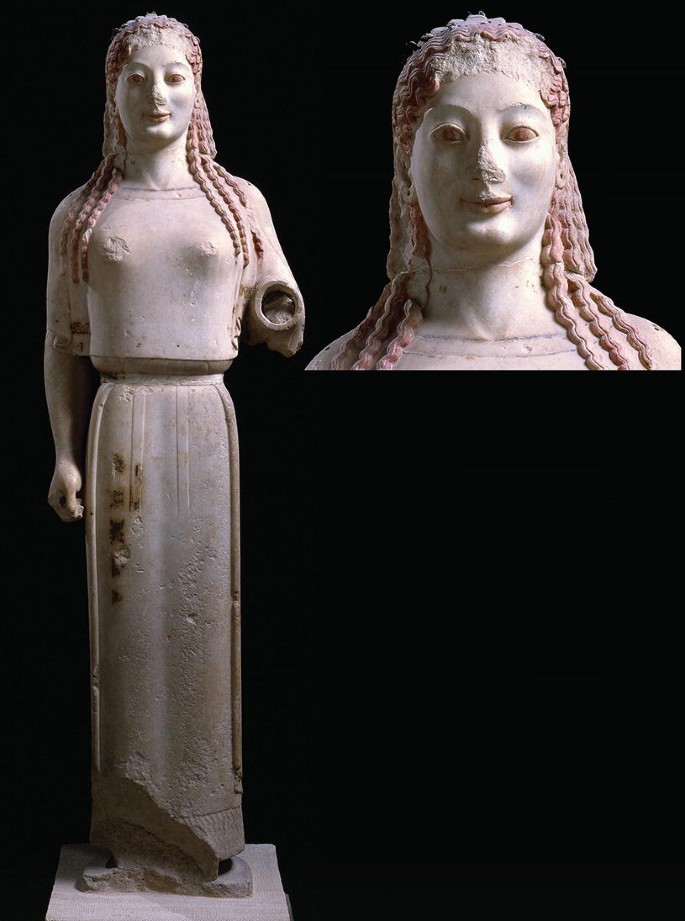 A photograph of a statue representing a girl Peplos Kore and a close-up of Peplos Kore's face with a damaged nose.