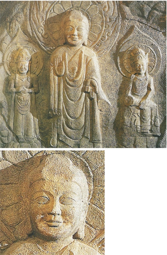 Two photographs. a. Rock-carved triad Buddha. b. Focussed Buddha's face.