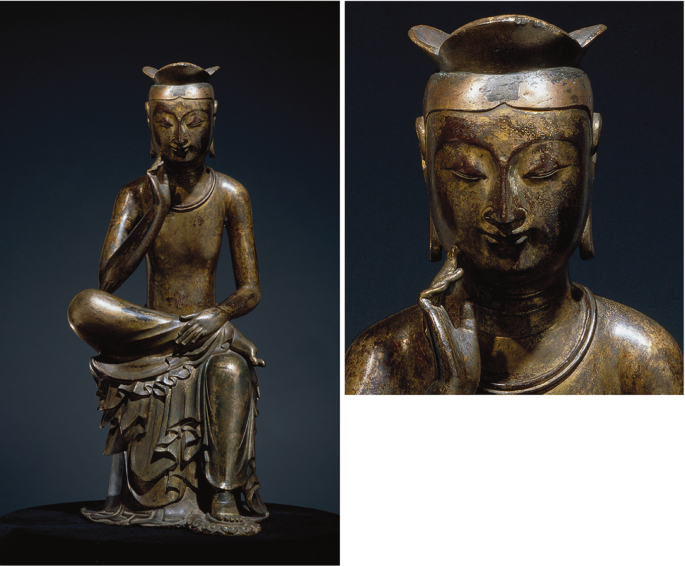 Two photographs. a, A gilt-bronze Bodhisattva in a pensive position. b, Bodhisattva face.