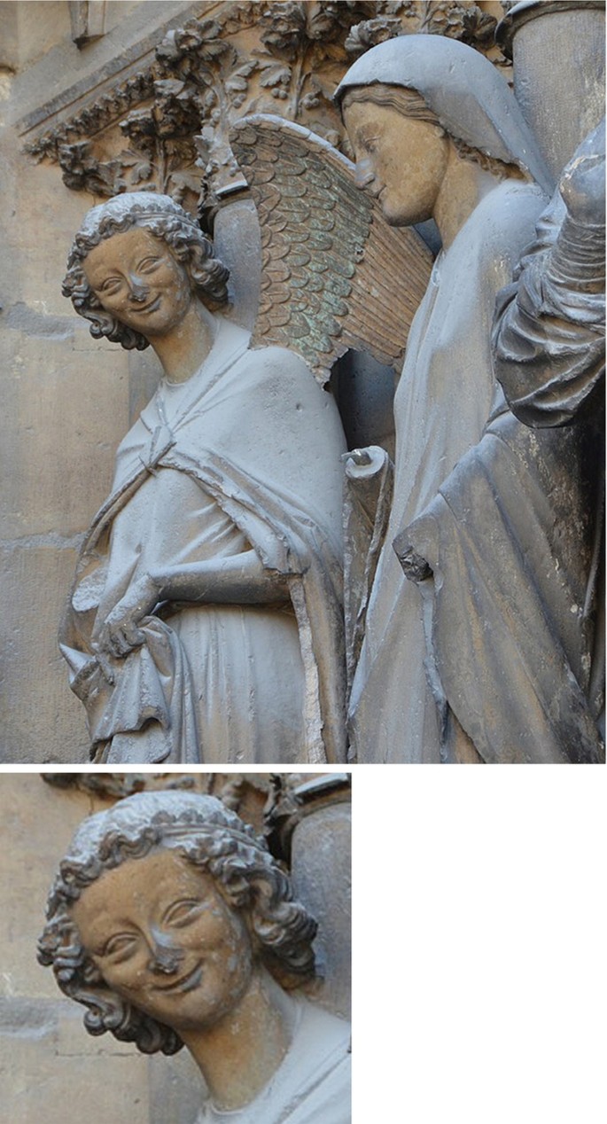 Two photographs. a. A statue of the angel Gabriel. b. Focussed on the face part.