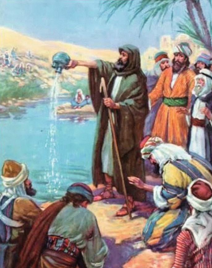 A painting of Elijah pouring salt into the water surface along with a group of men.