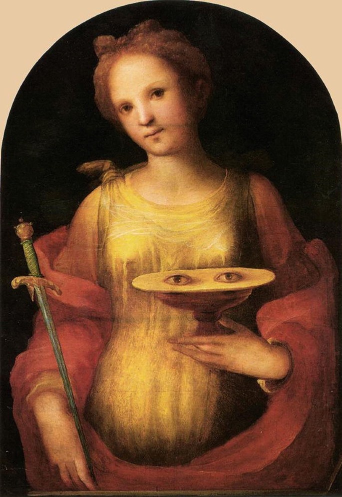 A painting of Saint Lucy holding a plate with eyes placed on it.