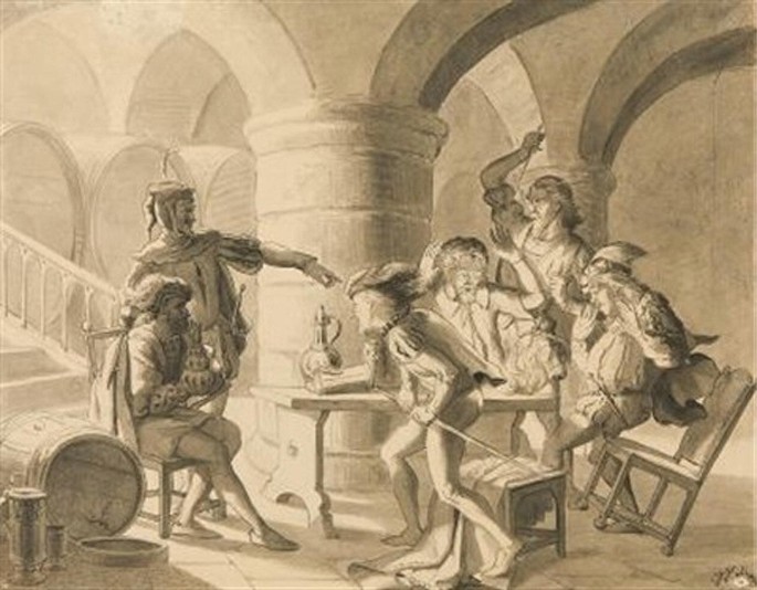 A sketch depicts a group of men around a table. They are raising their hands against each other.