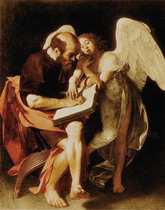 A portrait features a sitting old man reading a book with a winged woman beside him. The winged woman touches the hand of the old man and peers into the pages of the book.