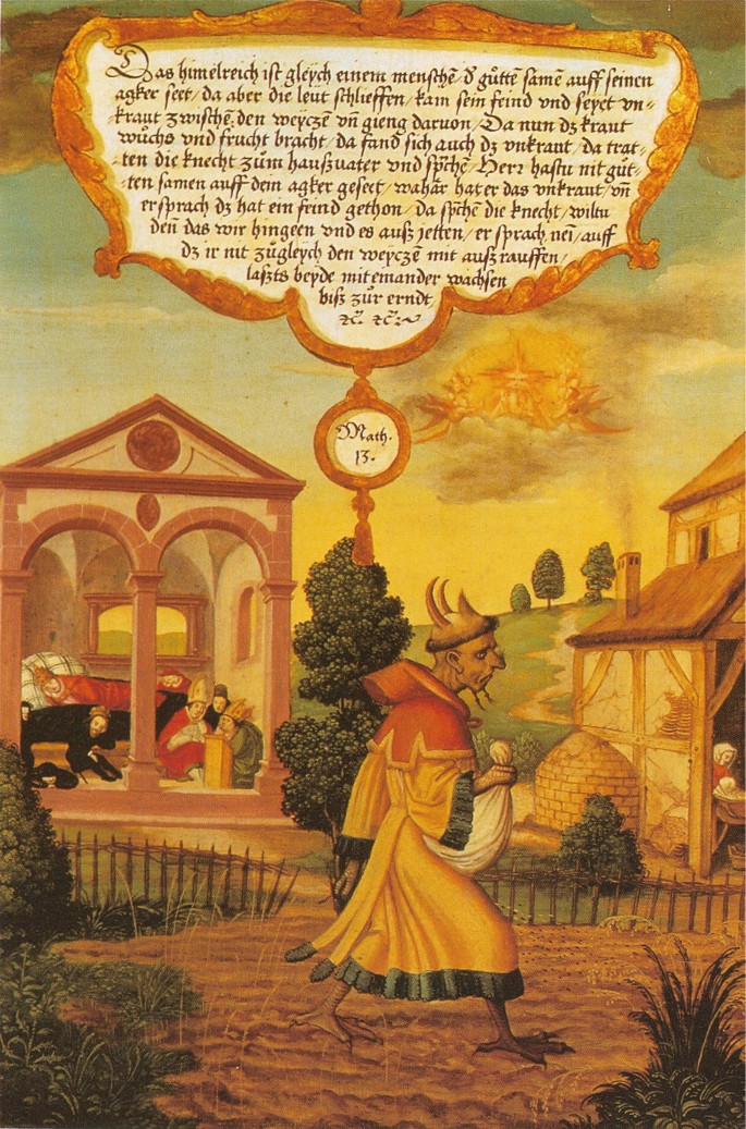 A historical painting depicts a person in traditional dress sowing seeds in a field. A few trees and architectural structures with floating text are in the background.