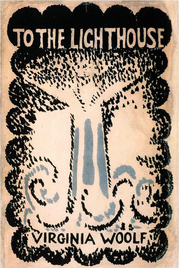 A front cover featuring an abstract artwork has the following text. To the lighthouse, Virginia Woolf.