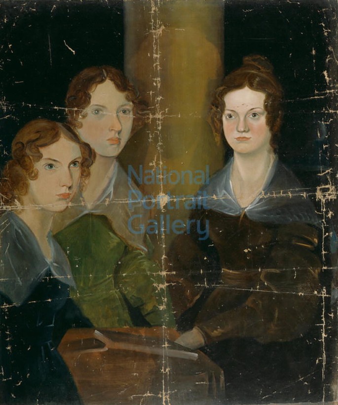 A portrait features three women in gowns with ruffled collars looking sideways.