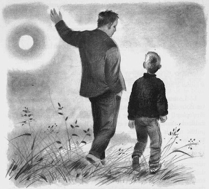 A portrait of a man and a child walking in a field, looking at the sky with their backs to the viewer. A large circular object is visible in the sky.