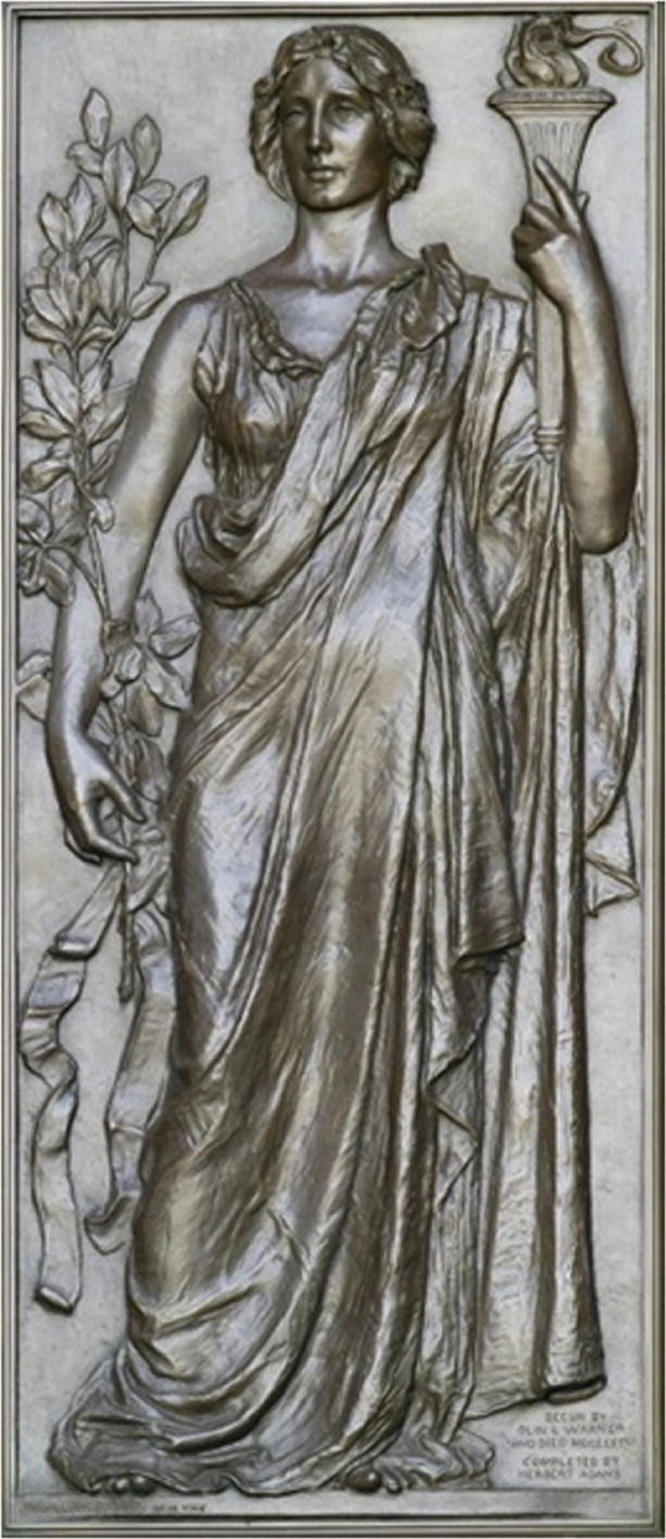 A painting of the goddess of research in a gown with flowing drapes, she holds a torch of knowledge and a sprig of laurel.