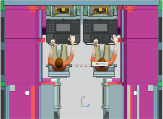 A schematic diagram of the top view of chair spacing in an integrated model presents 2 human dummies sitting in a chair and using a console.