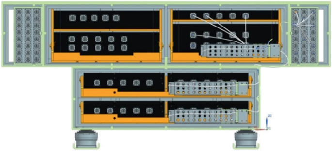 A schematic diagram of the wiring mode of the cabinet unit presents 3 panels with wires and incoming ports.