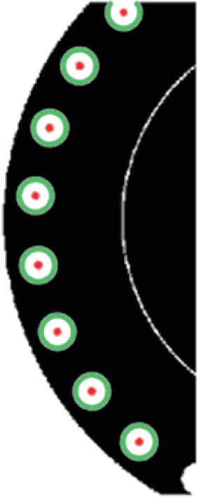 An illustration of the circle center coordinates. It has a dark, semi-circular object with eight dots on its surface.
