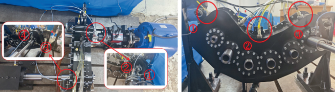 2 close-up photos of the mechanical setup of the test bench sensor. The first close-up features 2 insets magnifying the positions of the different elements highlighted on it. The second close-up has 3 points numbered 1 to 3 from left to right, highlighting the chords attached to it.