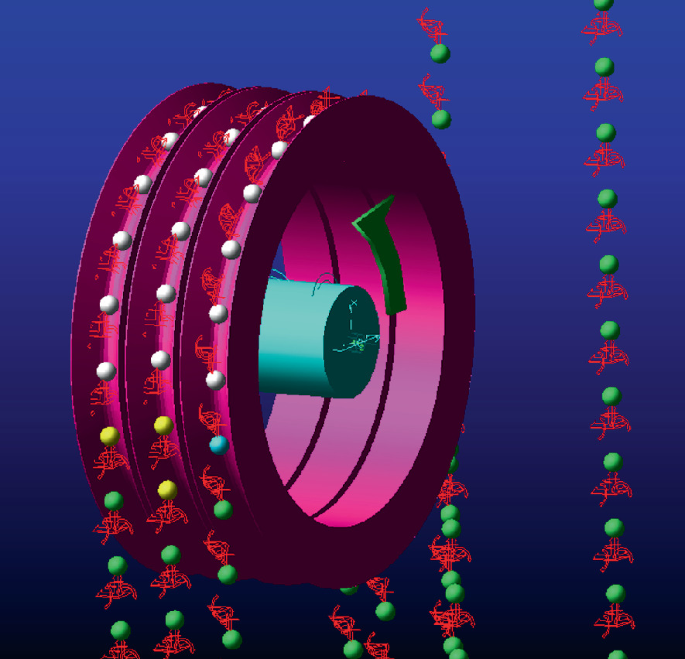 An illustration of a pulley with a series of bead like spheres running through its 3 grooves.