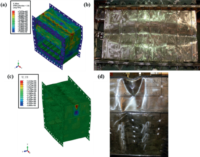 Two 3-D models with their respective color scales are titled a and c. The color scales are titled S Meier S N E C and U U 1. A close-up of a rectangular structure with 2 rows of plastic and a rectangular structure divided into multiple numbered rows and columns are titled b and d.