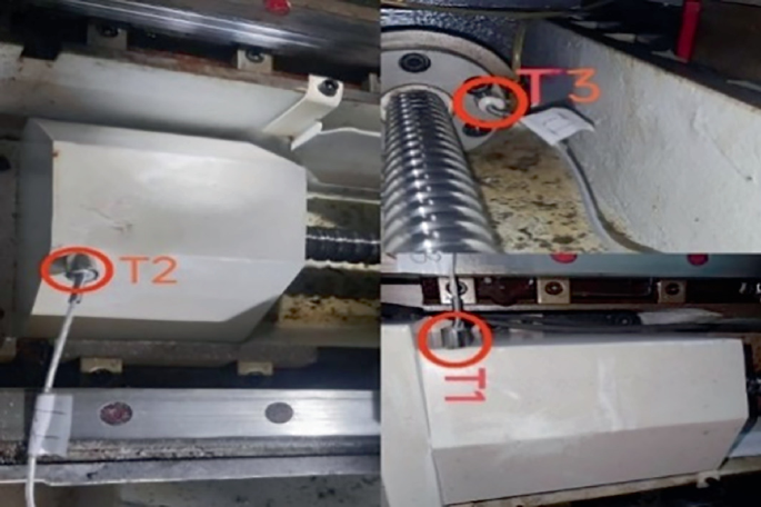 A collage of 3 photos. The left photo highlights the location of temperature sensor T 2 on the motor, the top right photo highlights the location of temperature sensor T 3 on the base of the coupling, and the bottom right photo highlights the location of the T 1 sensor on the bearing house.