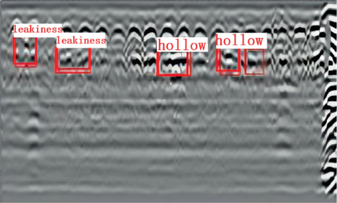 A radar image highlights 2 leakiness and 2 hollow portions.